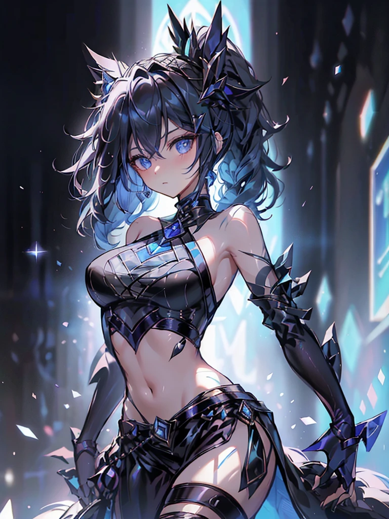 17-year-old girl、wearing a black elegant hat、Rune background、black magician、Wearing a black robe、mesmerize、cute woman、Elegant hairstyle、indigo hair color、Slightly shorter hair、blue eyes、look at the viewer、masterpiece、Best image、