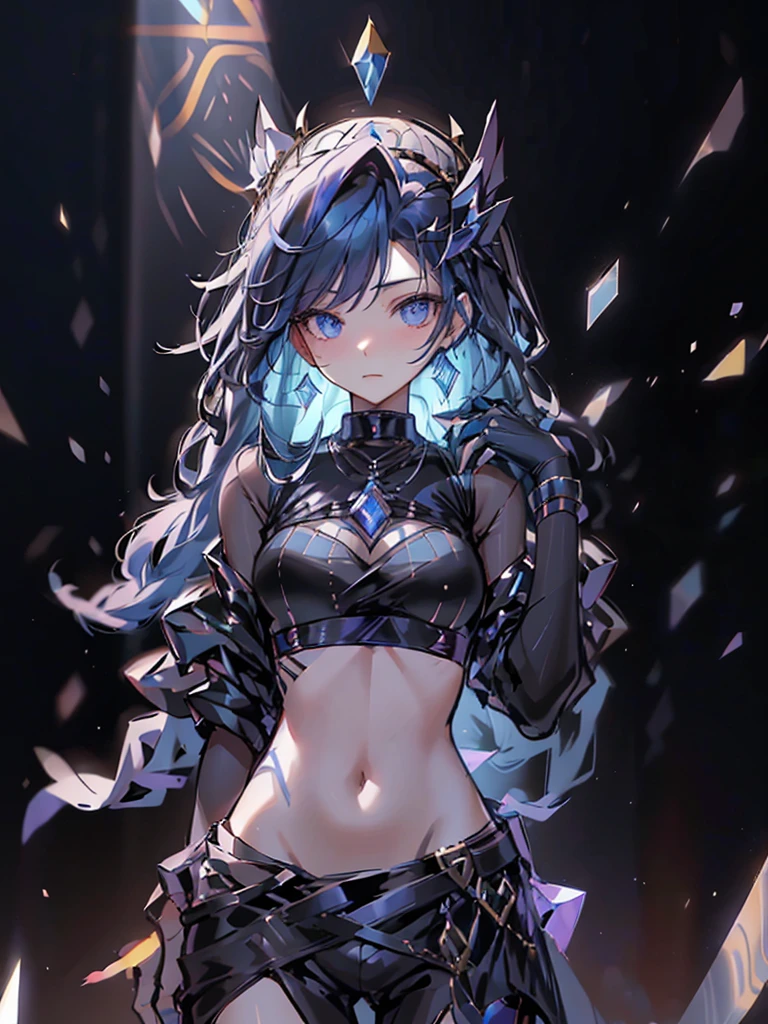 score_9, score_8_up, score_7_up, source_anime, 1girl, hskdmnd, crystal hair, colored eyelashes, multicolored hair, short hair, broken glass, reflection, upper body, shattered, crack, cracked skin, incrsxlcrystalhair, crystal hair, shiny hair