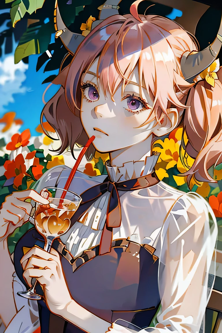 Absurd, high resolution, super detailed, one demon girl (shiny pink hair twin-tailed hair, two horns, cute jet black eyes, expressionless), solo, very detailed eyes, starfish, shell, flowers, hat, hair ornament, jewelry, straw hat, gazing, sunglasses, hat flower, drinking straw, hair clip, earrings, red flower, colored glasses, yellow flower, orange flower, orange glasses, food