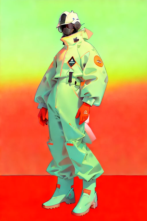  (ultra detailed,ultra high res,detailed background),((2D)),((flat color)),((muted color)), 1solo, looking at viewer, white hazmat suit, (big red galoshes), plush collar, full body image, square helmet