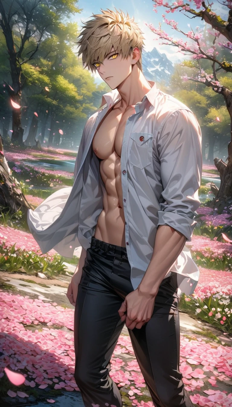 absurdres, highres, ultra detailed, HDR, master piece, best quality, extremely detailed face and eyes, Genos, ash-blond hair, expressive yellow eyes, One Punch Man, solo, sexy man, handsome, black pants, spring, trees, blossoms, pink petals, pink butterflies