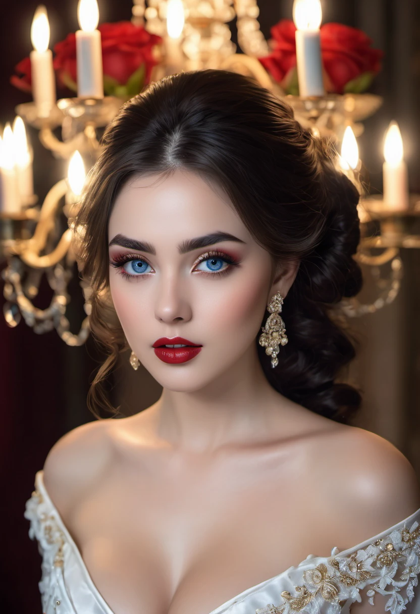 (best quality,4k,8k,highres,masterpiece:1.2),ultra-detailed,(realistic,photorealistic,photo-realistic:1.37),portrait,beautiful detailed eyes,beautiful detailed lips,extremely detailed face,long eyelashes,medium:courtesan outfit,black hair flowing freely,blue eyes shining brightly, sensual body, white satin dress,fine lace details,deep red roses in the background,vintage golden chandelier,subtle candlelight