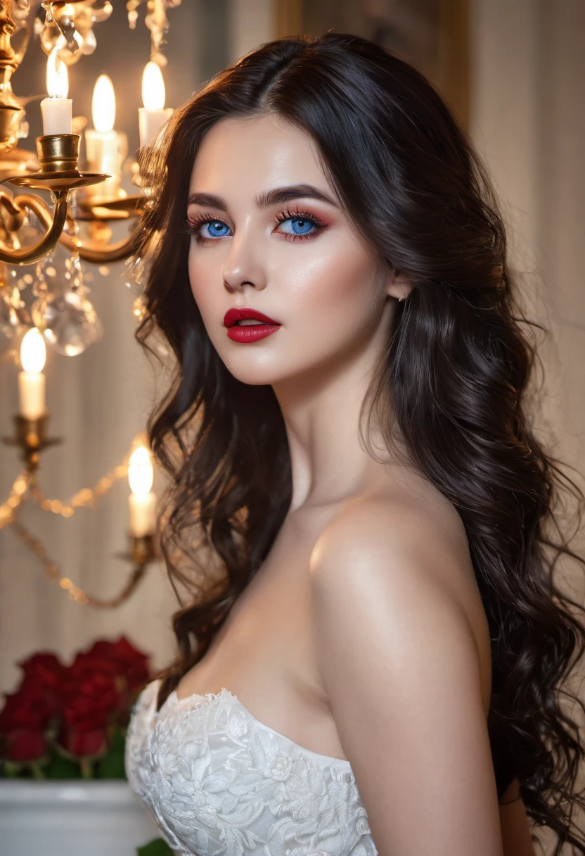 (best quality,4k,8k,highres,masterpiece:1.2),ultra-detailed,(realistic,photorealistic,photo-realistic:1.37),portrait,beautiful detailed eyes,beautiful detailed lips,extremely detailed face,long eyelashes,medium:courtesan outfit,black hair flowing freely,blue eyes shining brightly, sensual body, white satin dress,fine lace details,deep red roses in the background,vintage golden chandelier,subtle candlelight