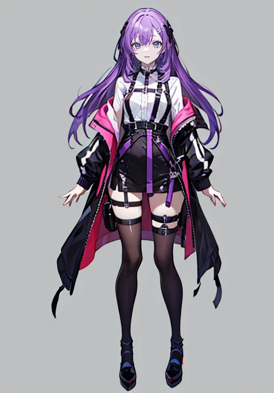 ((Perfect Face)), Purple Hair,Long Hair,girl,1 person,,Harness,,Simple Background,smile,Full Body,((full body)),Character portrait,virtual,front,viewer&#39;s eyes,視線をfrontに,standing tall