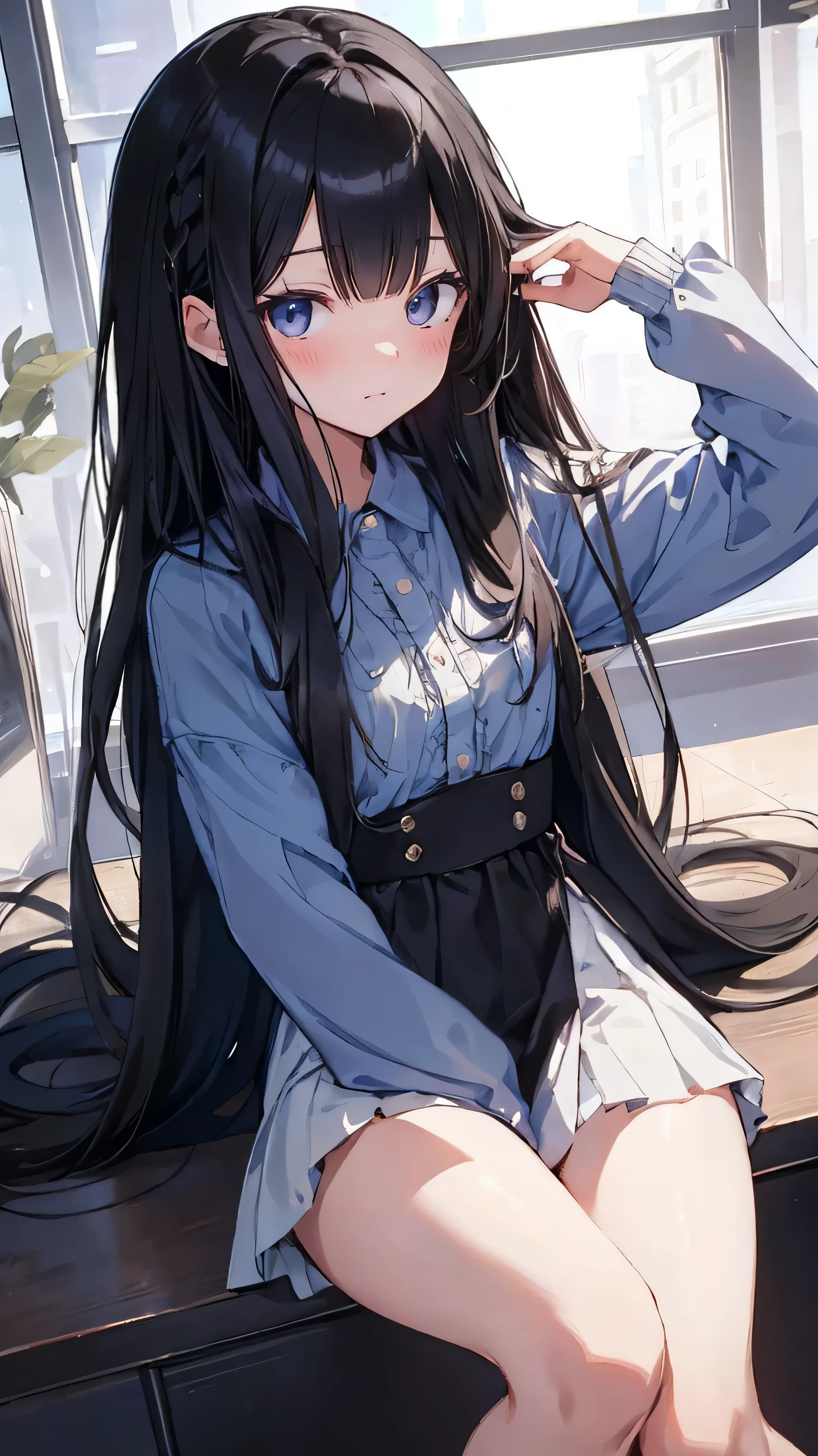 Masterpiece、Highest quality、highest quality、Black Hair、(((Lori)))、 ((Petite))、Shiny hair quality、Small face、Sitting、Super detailed, beautiful, wide eyes、Ultra-detailed, clear and beautiful faces、(cute illustration:1.2), High-resolution, ultra-detailed, best quality, embarrassed、Thighs