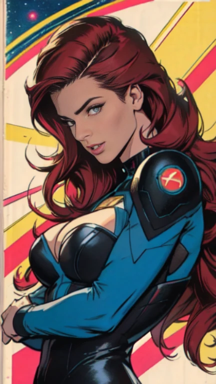 masterpiece,very sharp image,extremely beautiful woman space retro futurism, beautiful face,hi-tech armour over colorful catsuit, long curly hair,in deep space, with several planets and suns in the background, Excellent sense,medium breasts,cleavage,American Comics,(((The Perfect One Woman))),(((one person))),colorful,highly detailed body,highly detailed face,SF,((dynamic angle))
