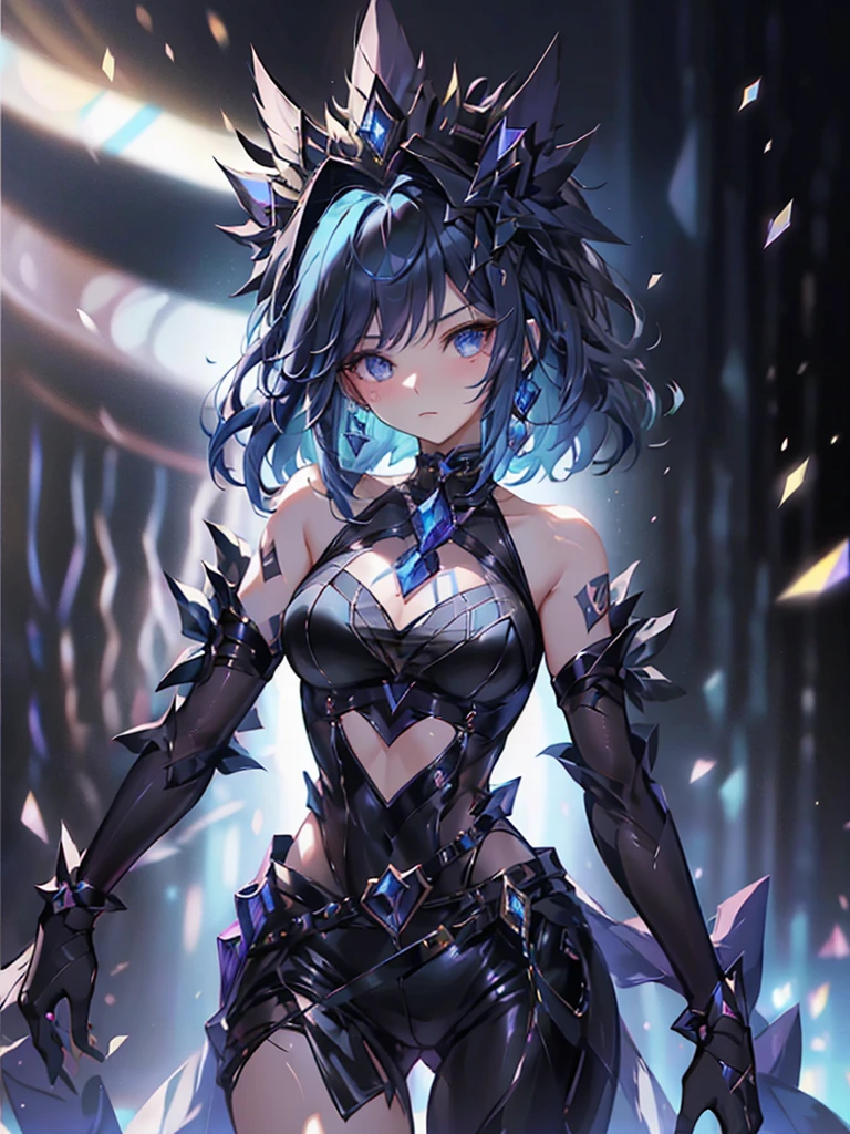 17-year-old girl、wearing a black elegant hat、Rune background、black magician、Wearing a black robe、mesmerize、cute woman、Elegant hairstyle、indigo hair color、Slightly shorter hair、blue eyes、look at the viewer、masterpiece、Best image、