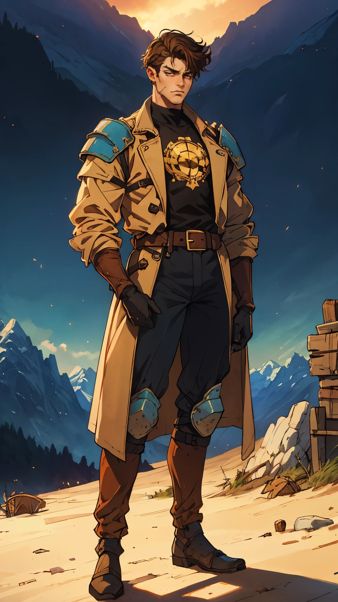 A man with short sandy brown hair, long side-parted bangs, a melancholic gaze, a troubled expression, pale skin, a fantasy-style gray trench coat with a large collar, under which lies leather chest armor, a black belt, worn-out yellowish shoulder pads and wrist guards, utility trousers, the backdrop of a mountain wilderness at night, this character embodies a finely crafted fantasy-style adventurer in anime style, exquisite and mature manga art style, high definition, best quality, highres, ultra-detailed, ultra-fine painting, extremely delicate, professional, perfect body proportions, golden ratio, anatomically correct, symmetrical face, extremely detailed eyes and face, high quality eyes, creativity, RAW photo, UHD, 32k, Natural light, cinematic lighting, masterpiece-anatomy-perfect, masterpiece:1.5