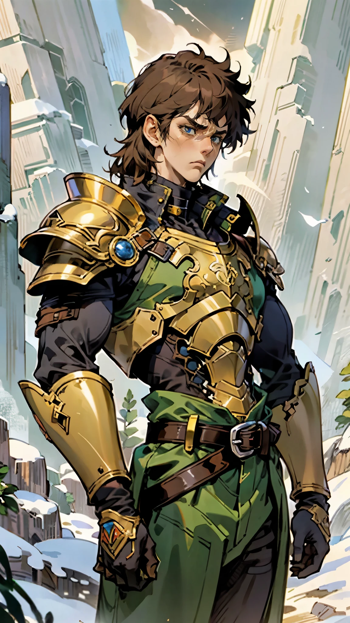 A man with short sandy brown hair, long side-parted bangs, a melancholic gaze, a troubled expression, pale skin, a fantasy-style gray trench coat with a large collar, under which lies leather chest armor, a black belt, worn-out yellowish shoulder pads and wrist guards, utility trousers, the backdrop of a mountain wilderness at night, this character embodies a finely crafted fantasy-style adventurer in anime style, exquisite and mature manga art style, high definition, best quality, highres, ultra-detailed, ultra-fine painting, extremely delicate, professional, perfect body proportions, golden ratio, anatomically correct, symmetrical face, extremely detailed eyes and face, high quality eyes, creativity, RAW photo, UHD, 32k, Natural light, cinematic lighting, masterpiece-anatomy-perfect, masterpiece:1.5