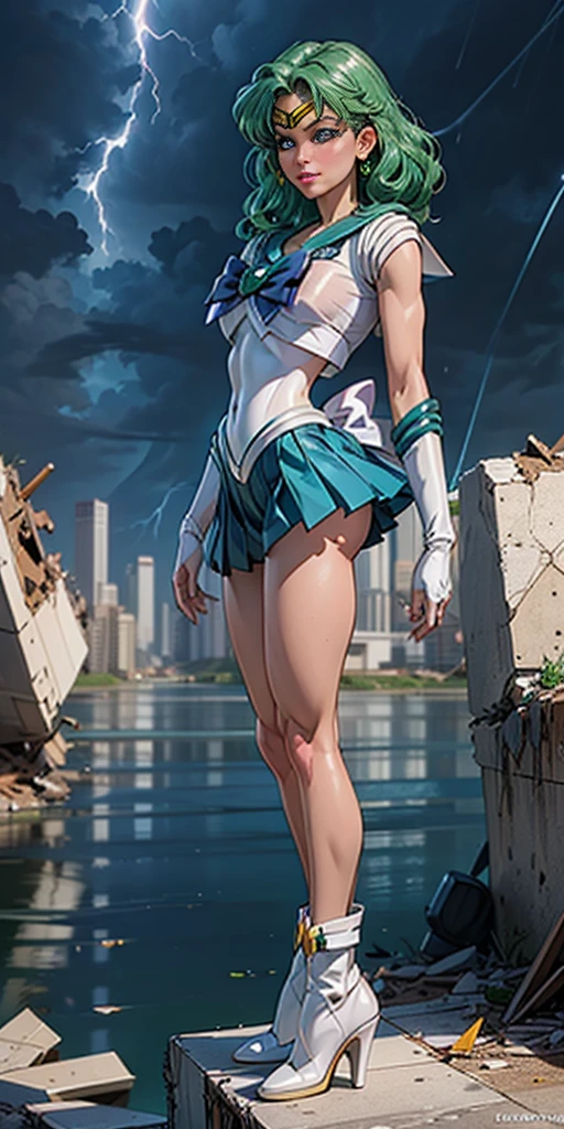 ((cinematic lighting)), (detailed skin), ((paintstrokes)),1girl, marinero Neptuno, (Uniforme Sailor Senshi:1.4), cabello verde oscuro, cabello mediano, Falda suplicante, La mejor calidad, Pendientes, Obra maestra, High resolution, Detalles intrincados, (( realista )), photographic, (Guantes blancos de codo:1.1), jewely, pecho mediano, cuerpo completo, dynamic background, Dynamic posture, tacones altos,,More detailed 8K.motor irreal:1.4,UHD,La mejor calidad:1.4, fotorrealista:1.4, textura de la piel:1.4, obra maestra:1.8,obra-prima, mejor calidad,objeto Objeto], (detailed face features:1.3),(manos Detallado),(Apocalyptic destroyed city:1.7),(white Botas por encima de la rodilla: 1.4), gargantilla, (Guante Blanco:1.4), gargantilla verde, Arboledas de codos, jewely, pendientes, falda verde, only one, cuerpo completosbian, pelos verdes,(fondo atardecer:1.4),(Sailor neptune:1.4),(cuerpo COMPLETO:1.4),4 k detail fantasy,(Realista, Fotorrealismo, Realista: 1.37),(manos detailed),(blue background water thunder lightning rain water drops falling:1.4)