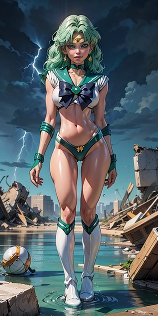((cinematic lighting)), (detailed skin), ((paintstrokes)),1girl, marinero Neptuno, (Uniforme Sailor Senshi:1.4), cabello verde oscuro, cabello mediano, Falda suplicante, La mejor calidad, Pendientes, Obra maestra, High resolution, Detalles intrincados, (( realista )), photographic, (Guantes blancos de codo:1.1), jewely, pecho mediano, cuerpo completo, dynamic background, Dynamic posture, tacones altos,,More detailed 8K.motor irreal:1.4,UHD,La mejor calidad:1.4, fotorrealista:1.4, textura de la piel:1.4, obra maestra:1.8,obra-prima, mejor calidad,objeto Objeto], (detailed face features:1.3),(manos Detallado),(Apocalyptic destroyed city:1.7),(white Botas por encima de la rodilla: 1.4), gargantilla, (Guante Blanco:1.4), gargantilla verde, Arboledas de codos, jewely, pendientes, falda verde, only one, cuerpo completosbian, pelos verdes,(fondo atardecer:1.4),(Sailor neptune:1.4),(cuerpo COMPLETO:1.4),4 k detail fantasy,(Realista, Fotorrealismo, Realista: 1.37),(manos detailed),(blue background water thunder lightning rain water drops falling:1.4)