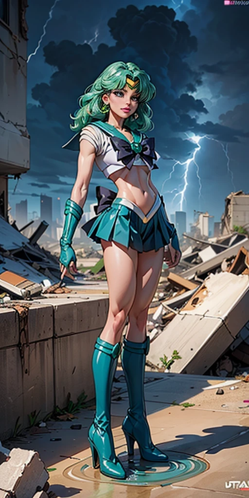 ((cinematic lighting)), (detailed skin), ((paintstrokes)),1girl, marinero Neptuno, (Uniforme Sailor Senshi:1.4), cabello verde oscuro, cabello mediano, Falda suplicante, La mejor calidad, Pendientes, Obra maestra, High resolution, Detalles intrincados, (( realista )), photographic, (Guantes blancos de codo:1.1), jewely, pecho mediano, cuerpo completo, dynamic background, Dynamic posture, tacones altos,,More detailed 8K.motor irreal:1.4,UHD,La mejor calidad:1.4, fotorrealista:1.4, textura de la piel:1.4, obra maestra:1.8,obra-prima, mejor calidad,objeto Objeto], (detailed face features:1.3),(manos Detallado),(Apocalyptic destroyed city:1.7),(white Botas por encima de la rodilla: 1.4), gargantilla, (Guante Blanco:1.4), gargantilla verde, Arboledas de codos, jewely, pendientes, falda verde, only one, cuerpo completosbian, pelos verdes,(fondo atardecer:1.4),(Sailor neptune:1.4),(cuerpo COMPLETO:1.4),4 k detail fantasy,(Realista, Fotorrealismo, Realista: 1.37),(manos detailed),(blue background water thunder lightning rain water drops falling:1.4)