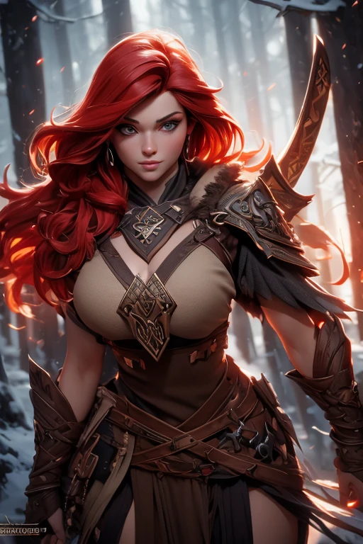 Masterpiece, best quality, brilliant details, cinematic lighting, exciting perspective, young pretty woman, beautiful face, perfect eyes, big firm breasts, perfect proportions, norse type, cameltoe, cinematic pose, red hair, viking warrior, nordic forest