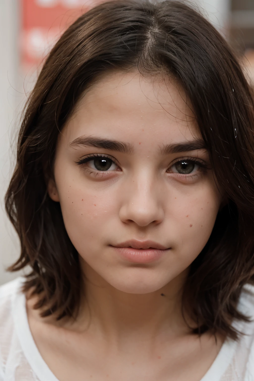 Mujer con ojos pardos, cabello largo y negro mediamente ondulado, labios gruesos, Small hands, su piel es blanca 
Su rostro es mediamente ovalado, he is  