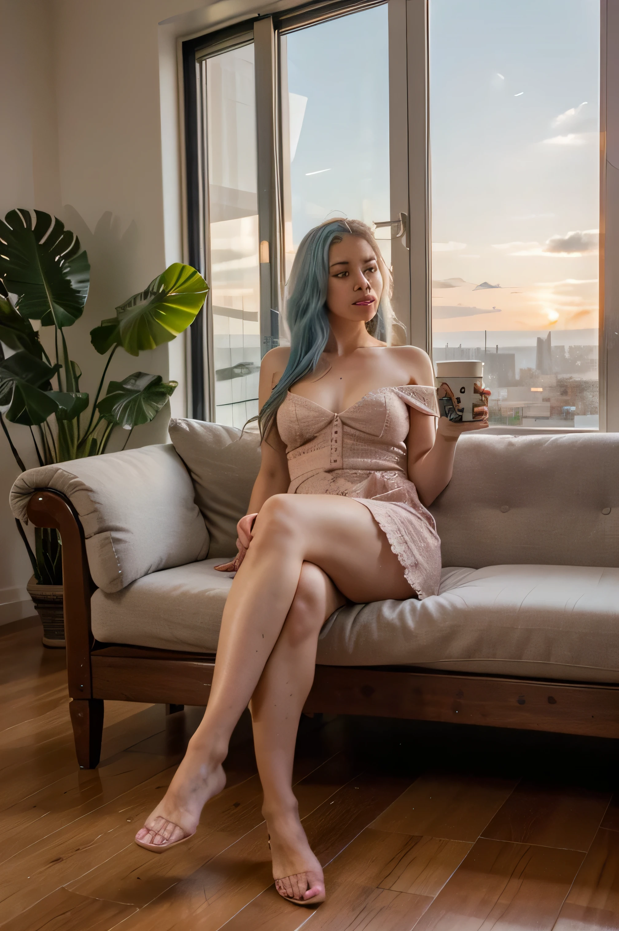 ((mejor calidad)), ((Obra maestra)), (detallado), cara perfecta The image illustrates a young woman with large natural features, seated on a white, curved sofa. Her celestial blue hair, matching the color of the sky, cascades to her shoulders. She's adorned in a terracotta dress that hugs her form and is holding a coffee cup with a lid. Her heels complement her poised, crossed-legs posture. The wooden-floored room boasts potted plants, and the vast window frames a city at sunset, with the backdrop of a sky that fades from pink to blue.