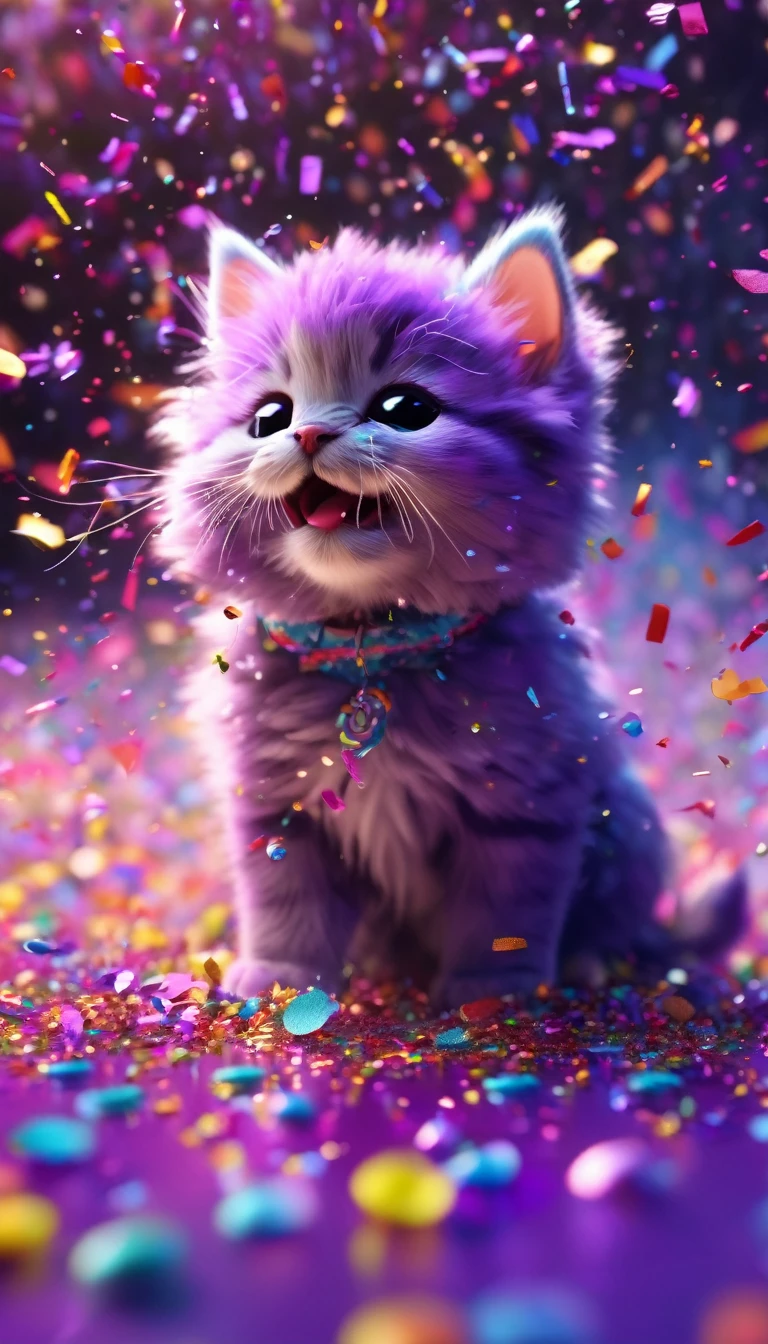 During the festival,Cute purple kitten excitedly playing in a colorful confetti cloud, Confetti falling around happy puppy, Ultra Detailed, Delicate matte, Unreal Engine 5, Beautiful composition, Dark, fantastic, Intricate details, Fantasy concept art, 8k resolution, HD resolution