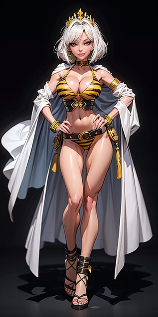 ((BLACK BACKGROUND 1:2, masterpiece)) 1solo female full body MILF BIMBO standing straight symmetrical with two long thighs and two metal sandals, red eyes like rubies, eye focus looking to the viewer, silver white hair, short bob style hair, big knockers breastplate, breastplate, cleavage, tiara royal, long cape up to two feet, yellow bikini (yellow tiger stripes), lustful smirking smiling, smile face (red blushed, red cheeks), pauldrons metal shoulders, gold sleeveless bracelets, separate sleeves, hands on waist hands OR hips, golden bracers, metal handcuffs, leather corset, red loincloth, black leather choker slave collar, shackles bracelets, slave red crest under navel, navel, big belt around waist OR hips, feet together, metal ankle, two long thighs and two metal sandals