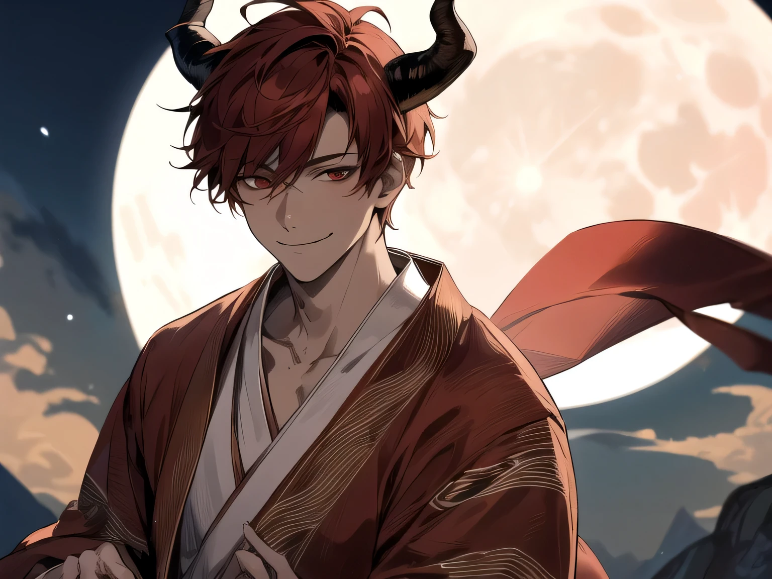 masterpiece,(Dynamic Angle),,male,one person,Upper Body, Face close-up,Short Red Hair, Demon horns on head,Bright atmosphere, ,smile,Brown skin, Dressed in a kimono and barefoot,One full moon