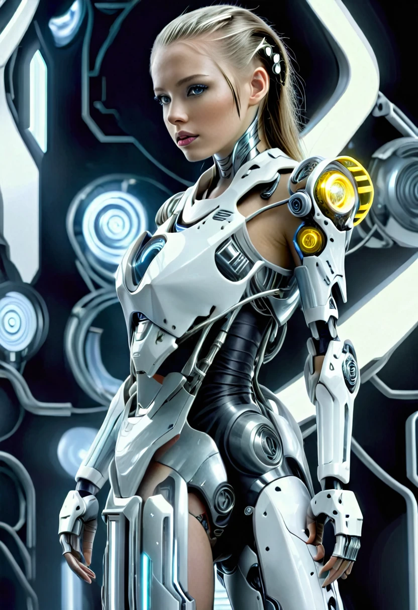 Bio mechanical cyborg girl, full body view, 