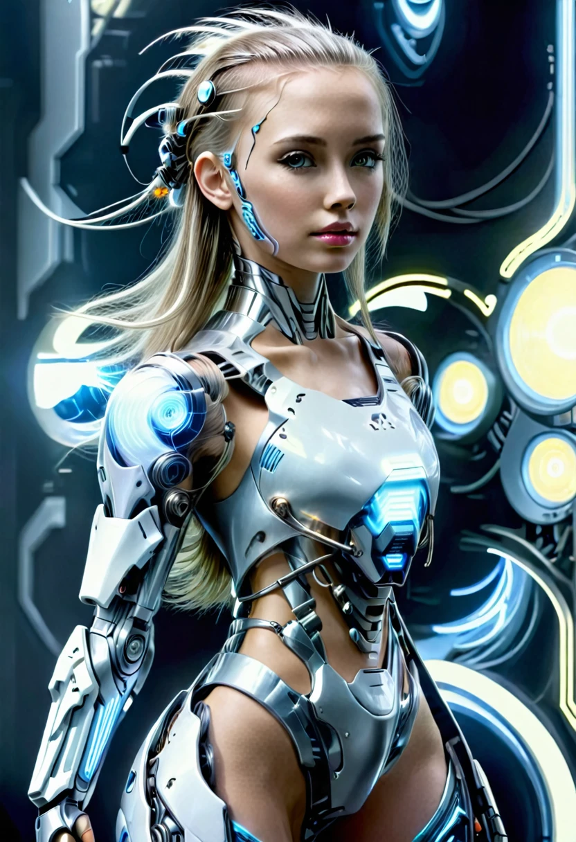 Bio mechanical cyborg girl, full body view, 