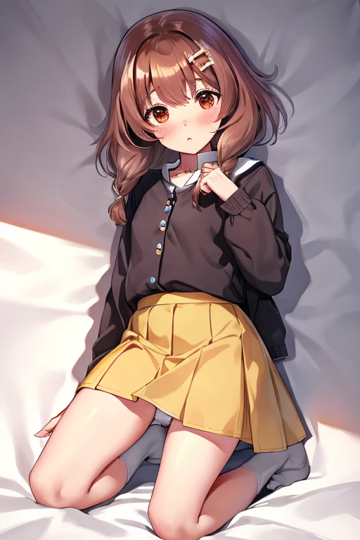 highest quality, High resolution, The exact number of fingers, Exact number of legs, Exact number of arms, Kneeling, yellow skirt, Pull up your skirt with both hands, White panties, bangs, brown hair, White bone-shaped hairpin, blush, Cavalier King Charles Spaniel Ears, bed,