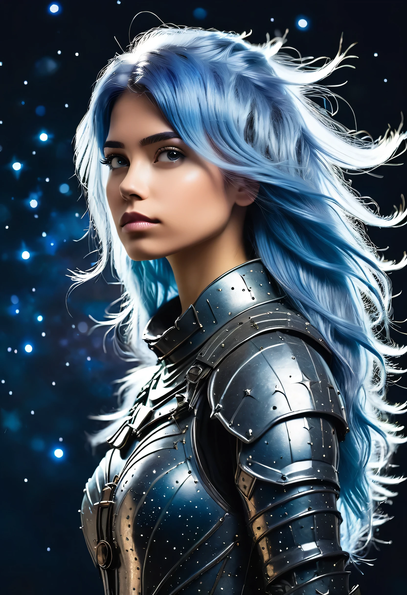 a stylized young woman warrior ((silhouette)) formed by bright stars. with straight long light blue messy hair. medieval silver armor. Cosmic background. 