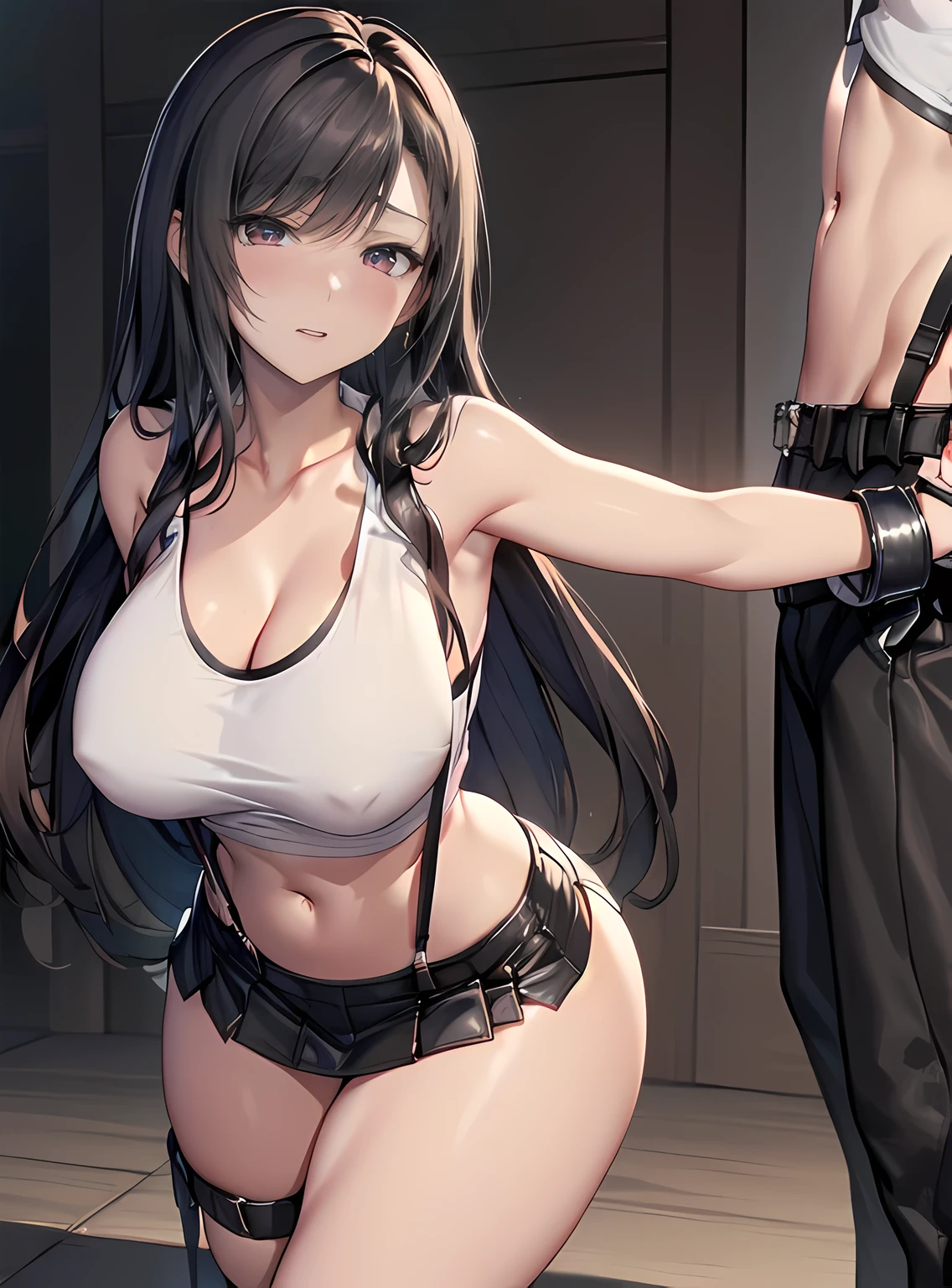 1 Beautiful Girl, Tifa, suspenders, Low rise, mini skirt, Tank top, nervous shirt, Black Hair, Long Hair, Elbow hand pockets, (White tube top:1.4), (Tank topが白くて短い:1.7), Beautiful navel, NSFW, (blush), masterpiece, highest quality, High resolution, (One 40-year-old mafia man, penis:1.4), Perfect limbs, (mating press:1.2), sexual intercourse, ((((penis enters vagina)))), behind, Spread your legs, Beautiful vagina depiction, ((Binding, Rotate your arms behind your back:1.2)), ((Restrained by rope)), A beautiful girl has sexual intercourse with a man