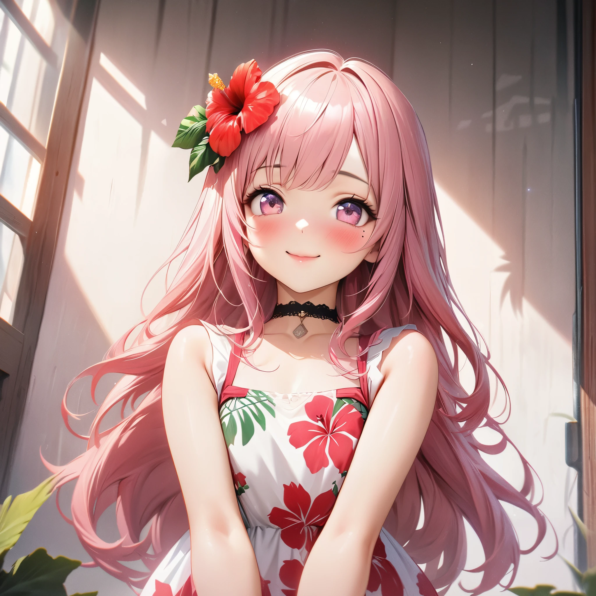 masterpiece, higst quality, highly detailed, high resolution, an high resolution, high resolution, 4k, 8k, unity 8k wallpaper, highly detailed cg, masterpiece, realistic, beautiful detail, depth, fine texture, hig hisst st quality: 1.3, total concentration, crisp skin, him, very cute anime, cute like an idol, tall pink long hair, one girl, Hawaiian dress, greeting, hibiscus hair accessory, smile, long pink hair, whole body , Mole under his eye, line sight, high, blush, lips parted, he art, pink eyes, choker