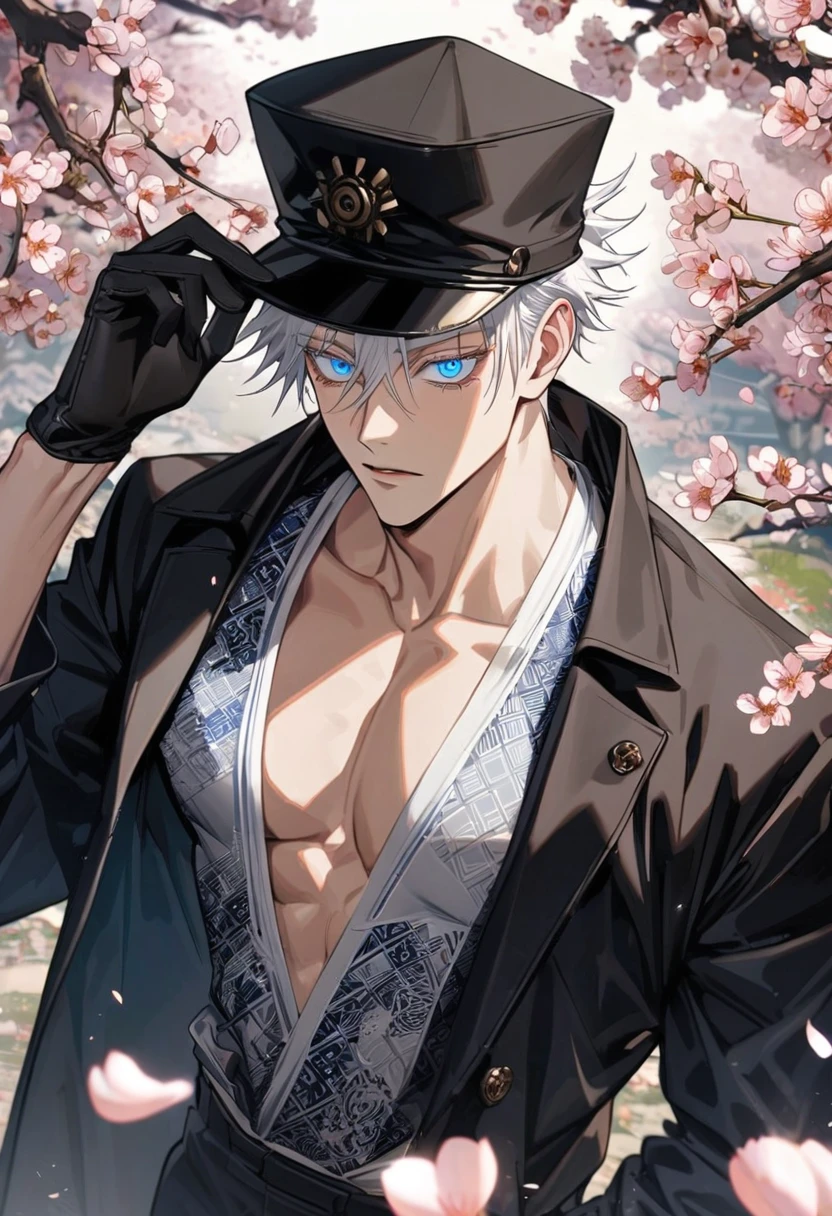 Ultra detailed, Highres, absurdres, Gojo Satoru, white hair with bangs, hair between the eyes, blue eyes, white eyelashes, black long coat with patterns, black hat, Jujutsu Kaisen, spring, blossoms, petals, extremely handsome, sexy man, toned chest, solo, very detailed eyes and face, black pants, black gloves, white tight t-shirt,