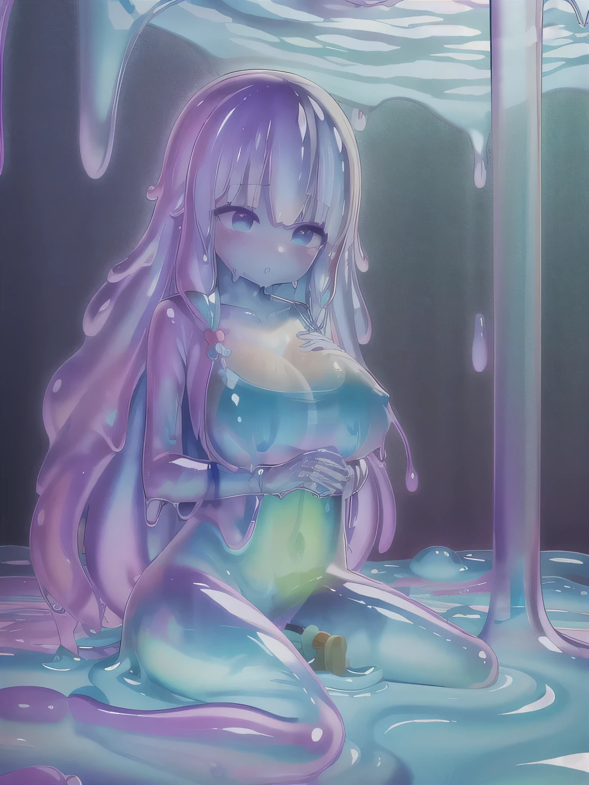 (masterpiece,best quality,ultra-detailed,best illustration:1.3), 1girl, (slime girl:1.3), ( transparent:1.3), (see-through:1.1),sitting, purple, (refraction,reflection:1.1) , transparent face,transparent body,transparent skin,sunshine day, mature, large chest