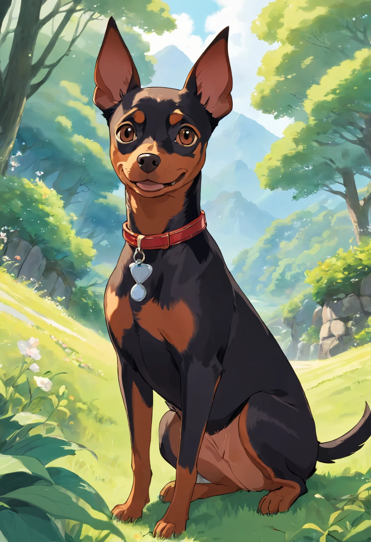 make an image of a black and brown Zwergpinscher(dwarf pinscher) dog happy, with a white spot on the chest, studio ghibli style. in a beautiful landscape.