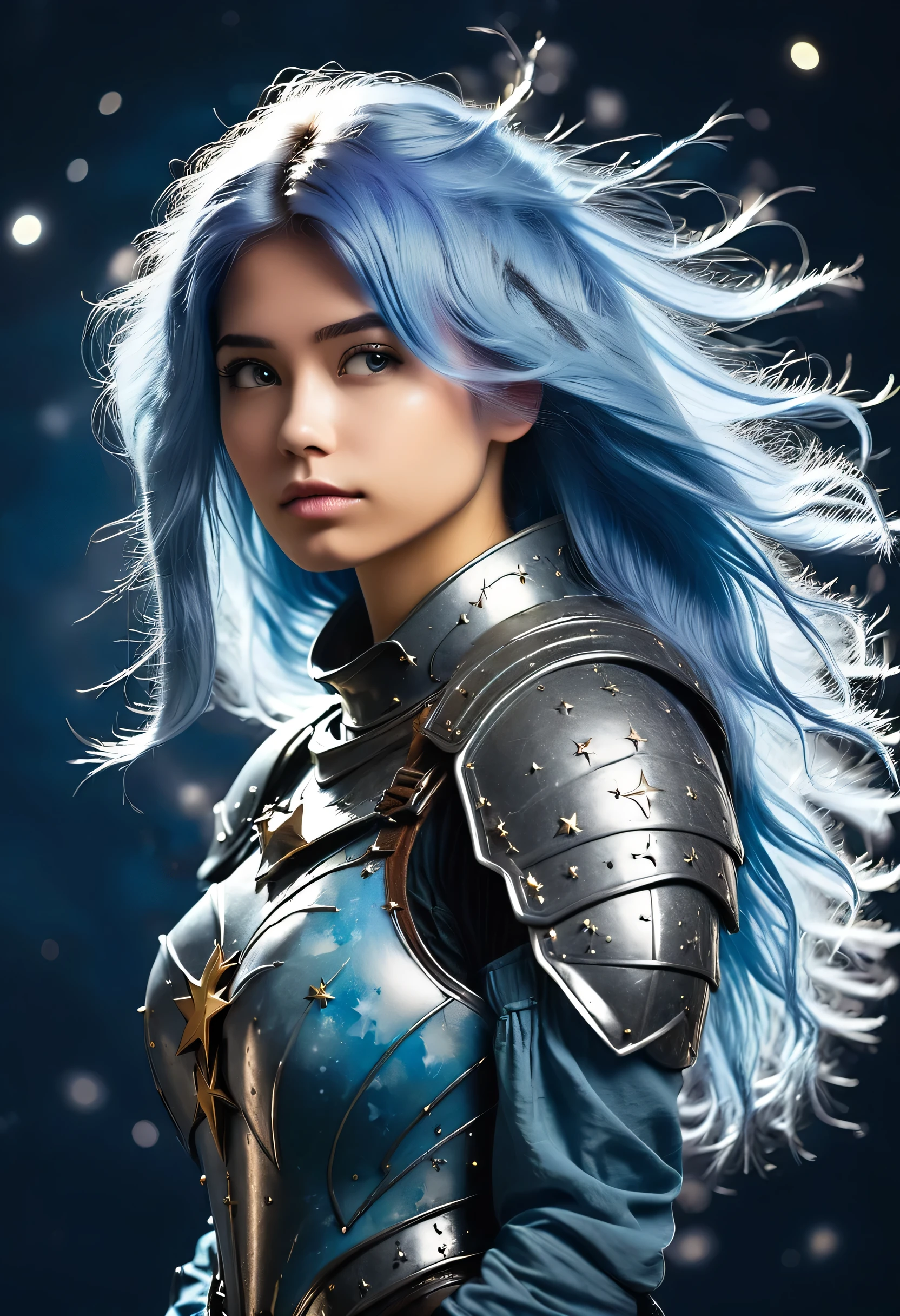 a stylized young woman warrior ((silhouette)) formed by bright stars. with straight long light blue messy hair. medieval silver armor. Cosmic background. 