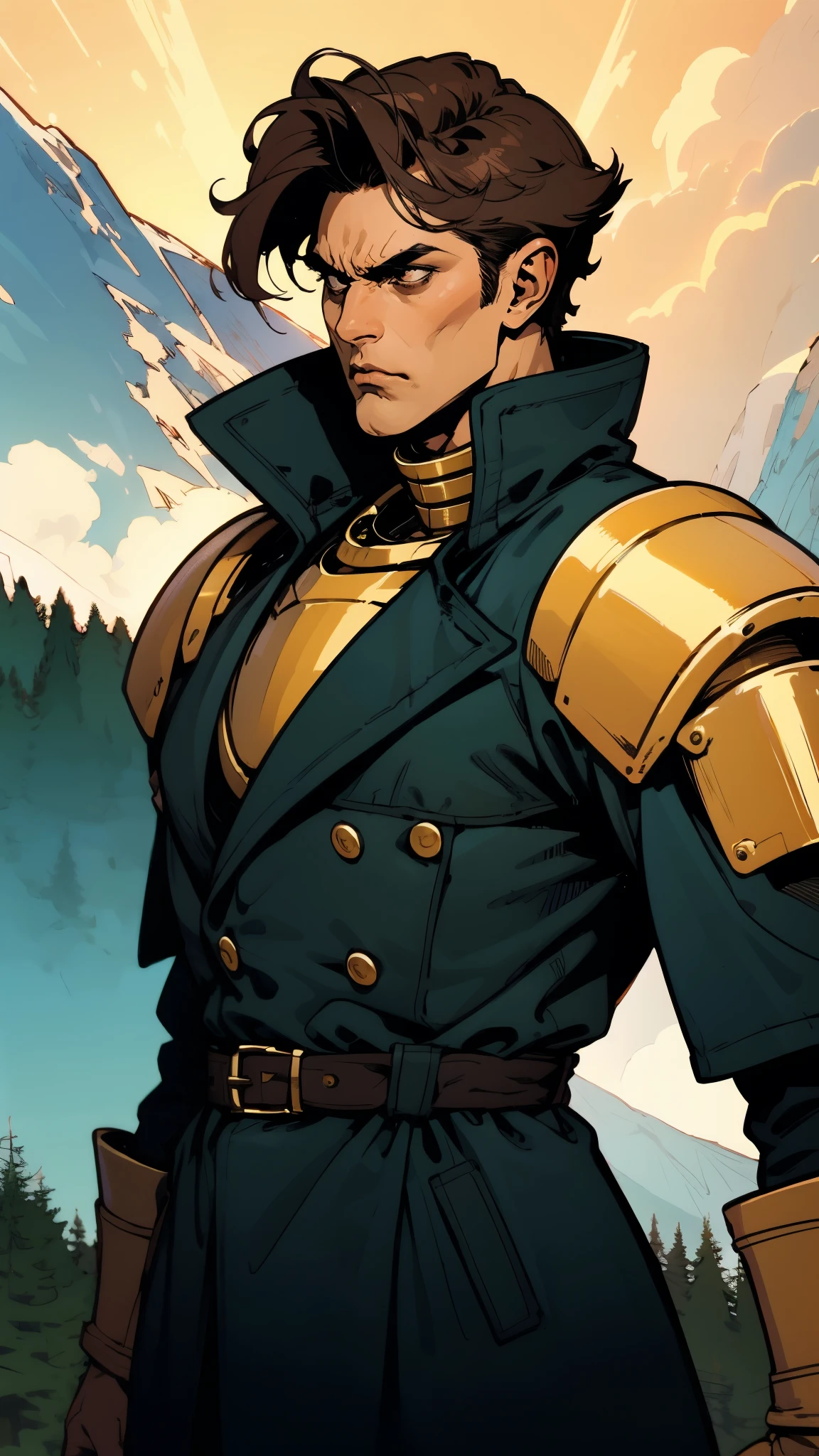 A man with short sandy brown hair, long side-parted bangs, a melancholic gaze, a troubled expression, pale skin, a fantasy-style gray trench coat with a large collar, under which lies leather chest armor, a black belt, worn-out yellowish shoulder pads and wrist guards, utility trousers, the backdrop of a mountain wilderness at night, this character embodies a finely crafted fantasy-style adventurer in anime style, exquisite and mature manga art style, high definition, best quality, highres, ultra-detailed, ultra-fine painting, extremely delicate, professional, perfect body proportions, golden ratio, anatomically correct, symmetrical face, extremely detailed eyes and face, high quality eyes, creativity, RAW photo, UHD, 32k, Natural light, cinematic lighting, masterpiece-anatomy-perfect, masterpiece:1.5