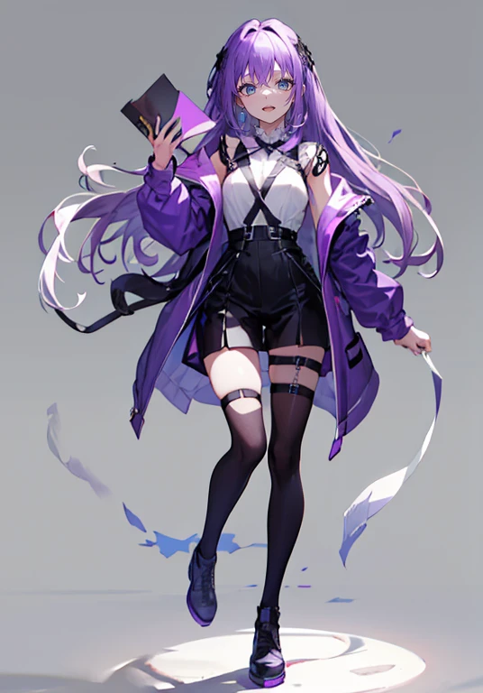 ((Perfect Face)), Purple Hair,Long Hair,girl,1 person,,Harness,,Simple Background,smile,Full Body,((full body)),Character portrait,virtual,front,viewer&#39;s eyes,視線をfrontに,standing tall