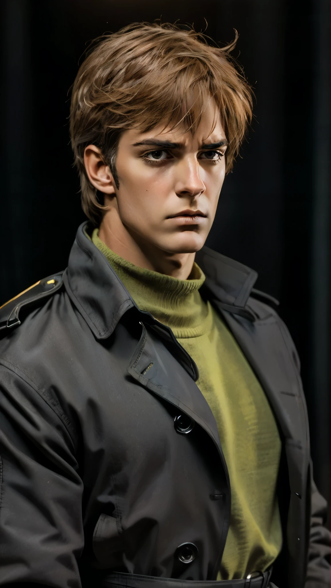 A man with short sandy brown hair, long side-parted bangs, a melancholic gaze, a troubled expression, pale skin, a fantasy-style gray trench coat with a large collar, under which lies leather chest armor, a black belt, worn-out yellowish shoulder pads and wrist guards, utility trousers, the backdrop of a mountain wilderness at night, this character embodies a finely crafted fantasy-style adventurer in anime style, exquisite and mature manga art style, high definition, best quality, highres, ultra-detailed, ultra-fine painting, extremely delicate, professional, perfect body proportions, golden ratio, anatomically correct, symmetrical face, extremely detailed eyes and face, high quality eyes, creativity, RAW photo, UHD, 32k, Natural light, cinematic lighting, masterpiece-anatomy-perfect, masterpiece:1.5