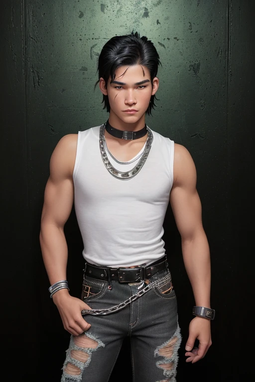 Booboo Stewart 20 year old boy without freckles black hair dark military cut black vest Steampunk white shirt green eyes red shirt wolf print complexion muscular athletic slim blue jeans with chains black leather belt silver buckle background of New Orleans at night looking facing the viewer con naris pequeña y orejas pequeñas