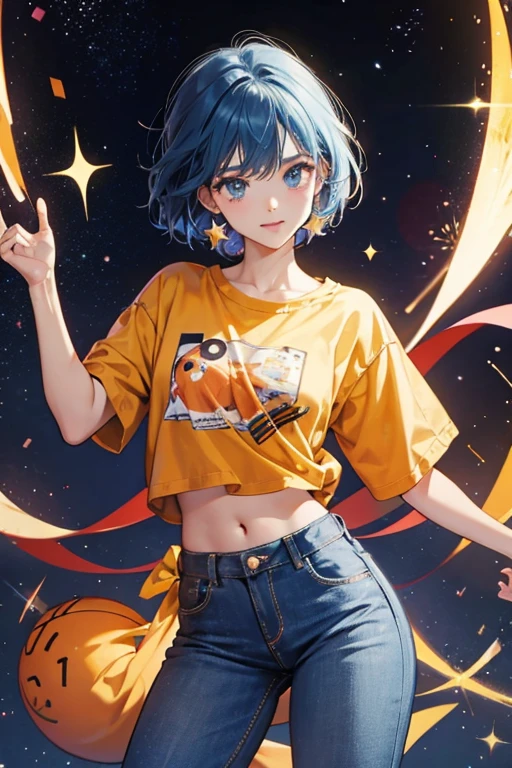  orange  that is shaped like a star. she wears blue pants. SPARKLE; GLITTER
