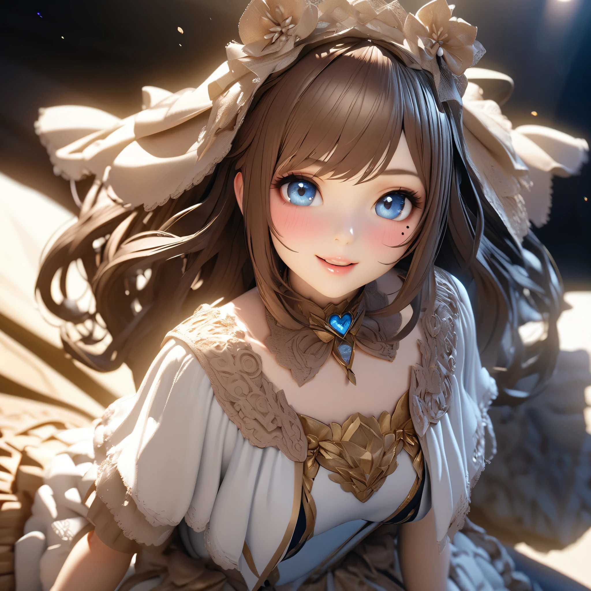 One Girl、Looking at the audience、
Beautiful Blue Eyes、Brown long hair、Mole under the eye、Plump and glossy lips、Heart-shaped choca、Idol、smile、ー、。.。.。.。.。.。.。.。.。.。.。.。.。.。.。.。.。.。.3D、Realistic、
Princess dress with too many frills、Drape clothes、gem、The decoration has been removed、Floral、Lace trim、bright stage、
masterpiece、highest quality、8k、Detailed skin texture、Detailed cloth texture、Beautifully detailed face、Intricate details、Very detailed、
超A high resolution、8K Ultra HD、Film Grain、Best Shadow、delicate、Staring at the audience、front
