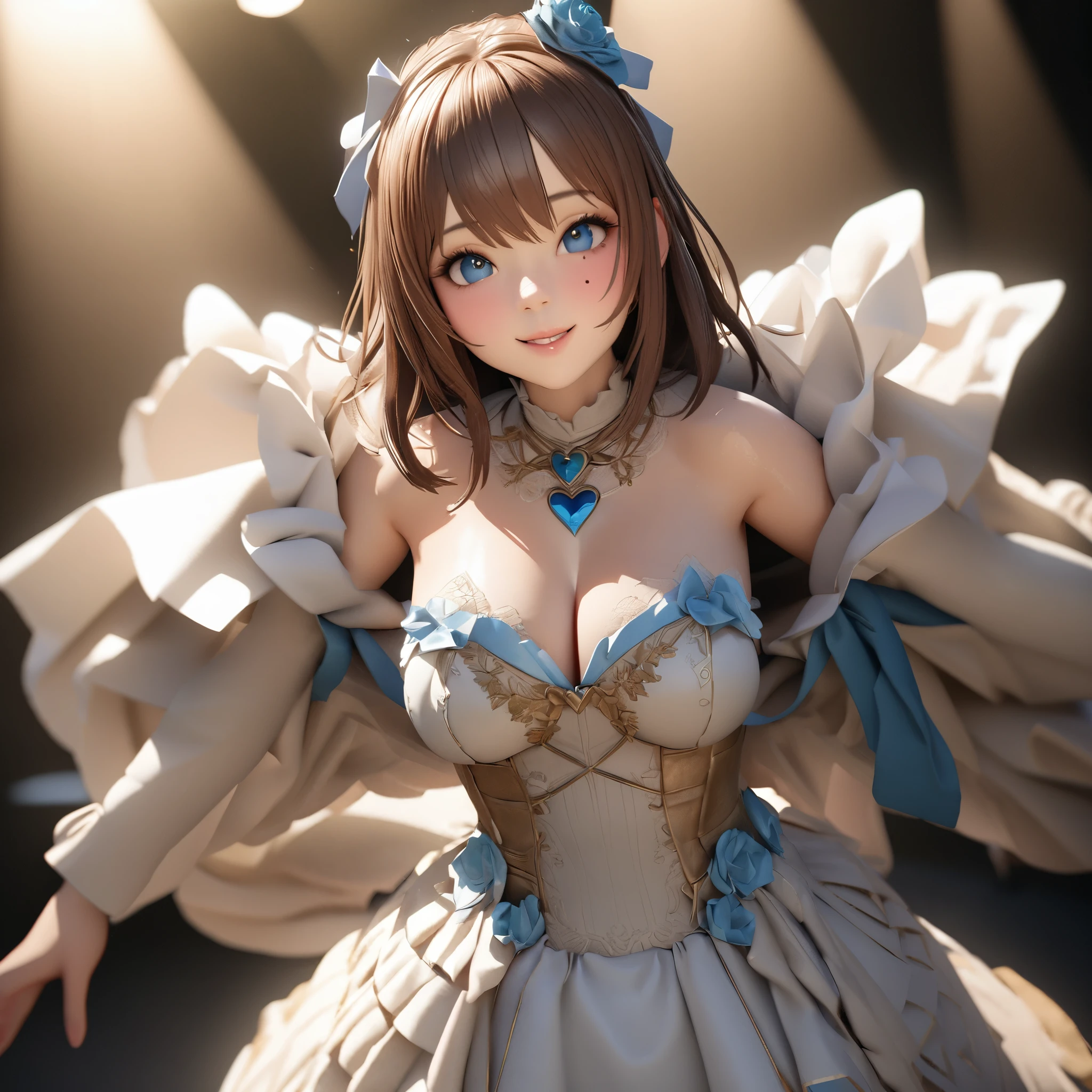 One Girl、Looking at the audience、
Beautiful Blue Eyes、Brown long hair、Mole under the eye、Plump and glossy lips、Heart-shaped choca、Idol、smile、ー、。.。.。.。.。.。.。.。.。.。.。.。.。.。.。.。.。.。.3D、Realistic、
Princess dress with too many frills、Drape clothes、gem、The decoration has been removed、Floral、Lace trim、bright stage、
masterpiece、highest quality、8k、Detailed skin texture、Detailed cloth texture、Beautifully detailed face、Intricate details、Very detailed、
超A high resolution、8K Ultra HD、Film Grain、Best Shadow、delicate、Staring at the audience、front