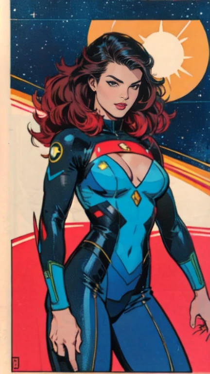 masterpiece,very sharp image,(((The Perfect One Woman))),(((one person))),retro space futurism, beautiful detailed face,hi-tech armor over colorful catsuit, long curly hair,in deep space, with several planets and suns in the background, Excellent sense,medium breasts,cleavage,American Comics,colorful,highly detailed body,