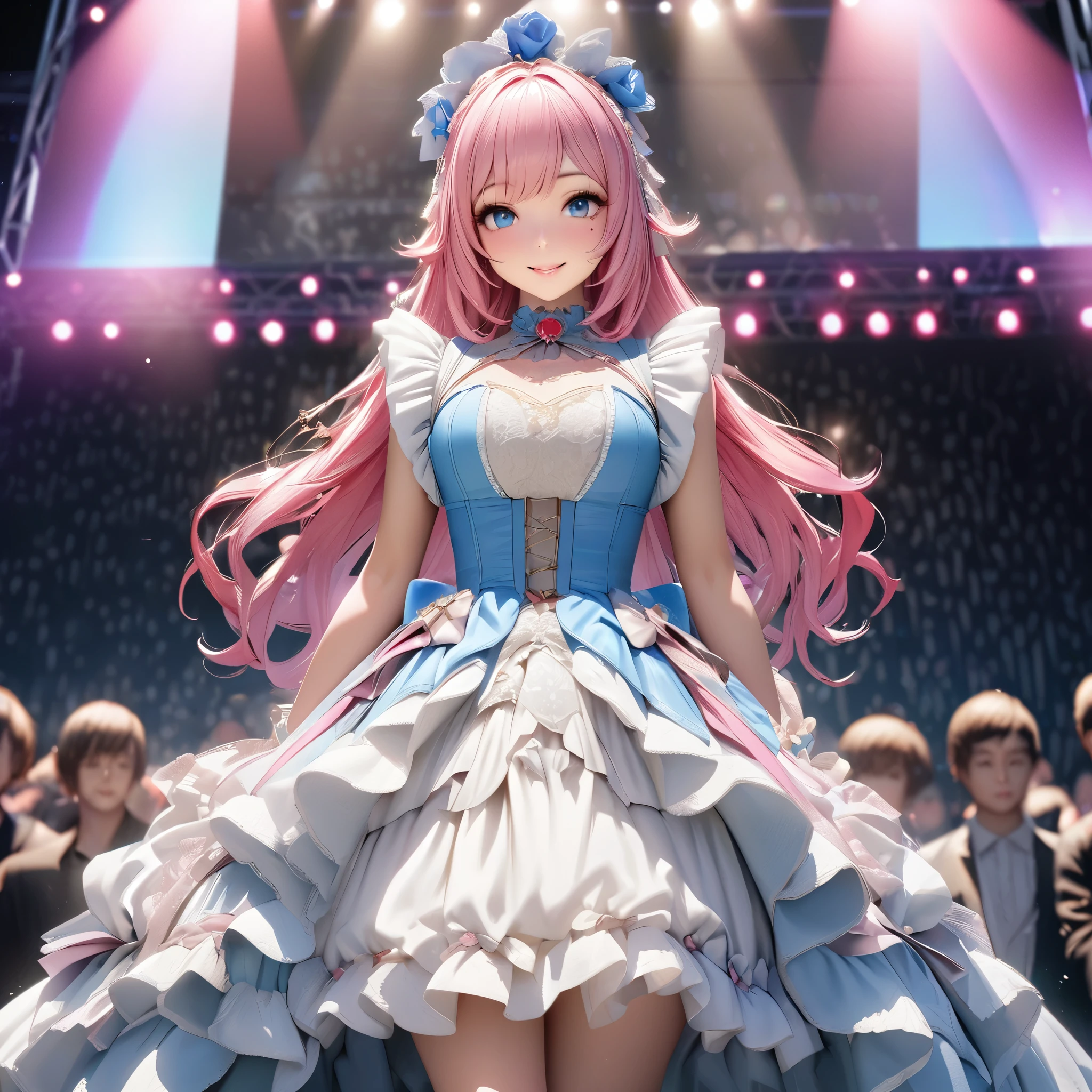 One Girl、Looking at the audience、
Beautiful Blue Eyes、Long hair with pink hair、Mole under the eye、Plump and glossy lips、Heart-shaped choca、Idol、smile、ー、。.。.。.。.。.。.。.。.。.。.。.。.。.。.。.。.。.。.3D、Realistic、
Princess dress with too many frills、Drape clothes、gem、The decoration has been removed、Floral、Lace trim、bright stage、
masterpiece、highest quality、8k、Detailed skin texture、Detailed cloth texture、Beautifully detailed face、Intricate details、Very detailed、
超A high resolution、8K Ultra HD、Film Grain、Best Shadow、delicate、Staring at the audience、front
