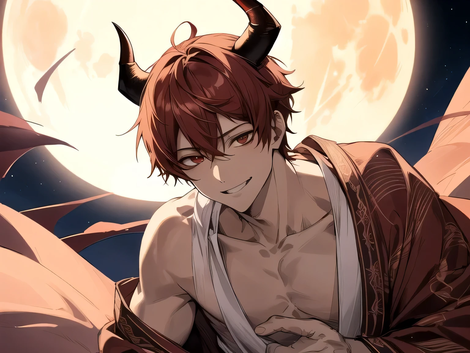 masterpiece,(Dynamic Angle),,male,one person,shortage々Shii,Upper Body, Face close-up,Short Red Hair, Demon horns on head,Bright atmosphere, ,smile,Light Butterfly,Brown skin, Dressed in a kimono and barefoot,One full moon