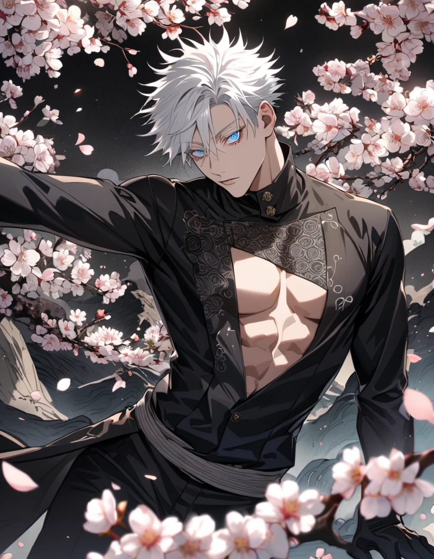 Ultra detailed, Highres, absurdres, Gojo Satoru, white hair with bangs, hair between the eyes, blue eyes, white eyelashes, black long coat with patterns, black hat, Jujutsu Kaisen, spring, blossoms, petals, extremely handsome, sexy man, toned chest, solo, very detailed eyes and face, black pants, black gloves, white tight t-shirt,
