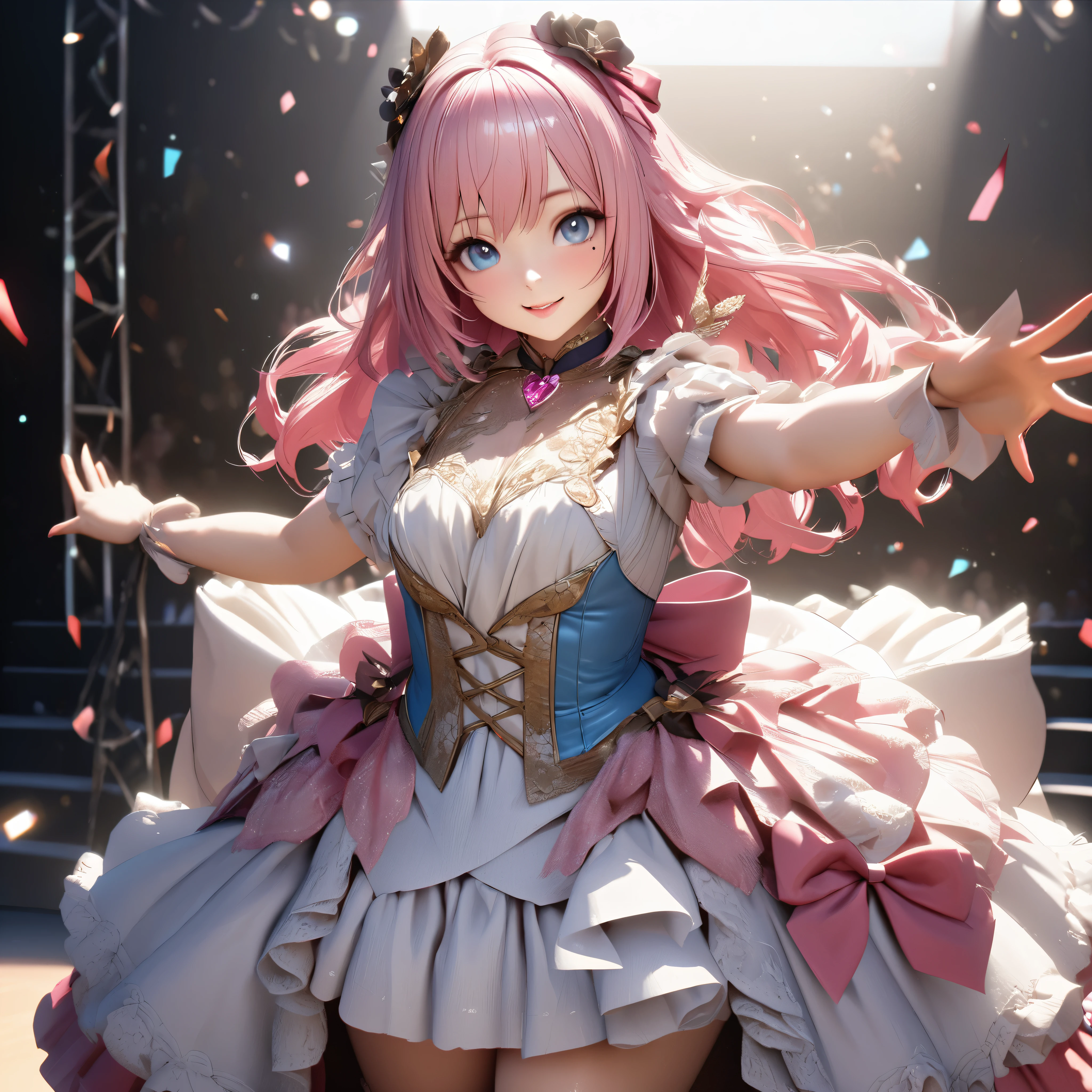 photoreal, 18 year old japanese woman, smile, extremely long pink hair, (gigantic breasts:1.2) (puffy nipples:1.2) sweat, sweaty body, shiny skin, gold miniskirt, sagging breasts, (Extremely thin and slender lower body:1.1) gold thighhighs, standing on stage, nightclub, holding yellow pom-poms