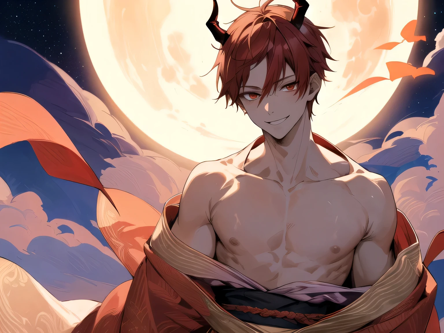 masterpiece,(Dynamic Angle),,male,one person,shortage々Shii,Upper Body, Face close-up,Short Red Hair, Demon horns on head,Bright atmosphere, ,smile,Light Butterfly,Brown skin, Dressed in a kimono and barefoot,One full moon