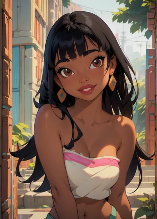 masterpiece, best quality, 1girl, chel, black hair, long hair, blunt bangs, brown eyes, dark skin, lipstick, tube top, cleavage, bare shoulders, earrings, smile, upper body, solo, looking at viewer, market background
