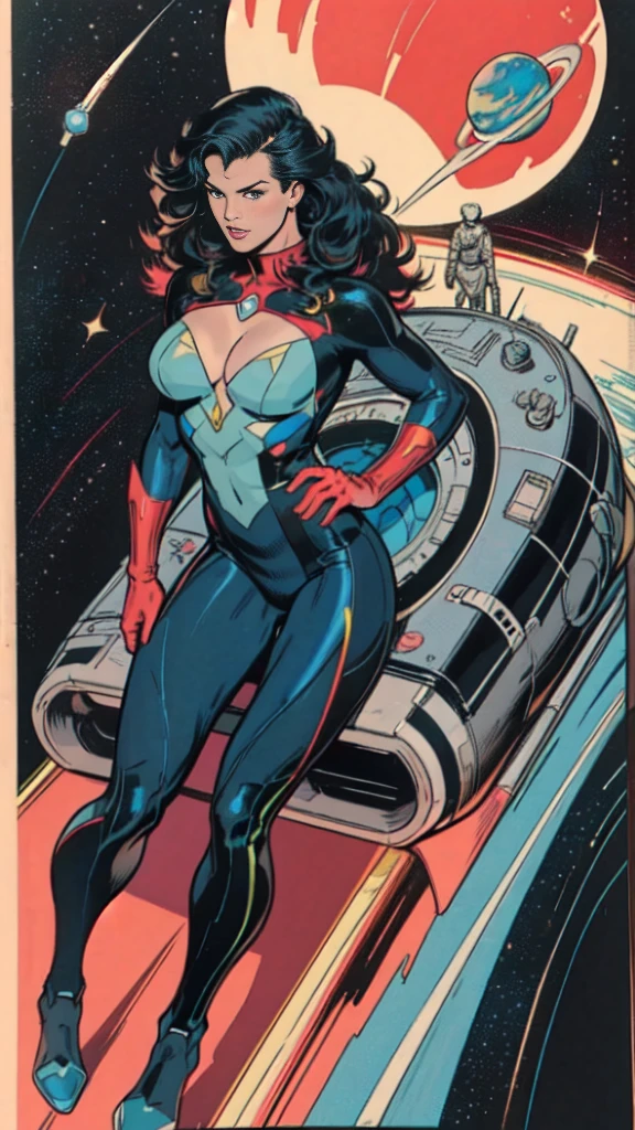 masterpiece,very sharp image,(((The Perfect One Woman))),(((one person))),retro space futurism, beautiful detailed face,hi-tech armor over colorful catsuit, long curly hair,in deep space, with several planets and suns in the background, Excellent sense,medium breasts,cleavage,American Comics,colorful,highly detailed body,