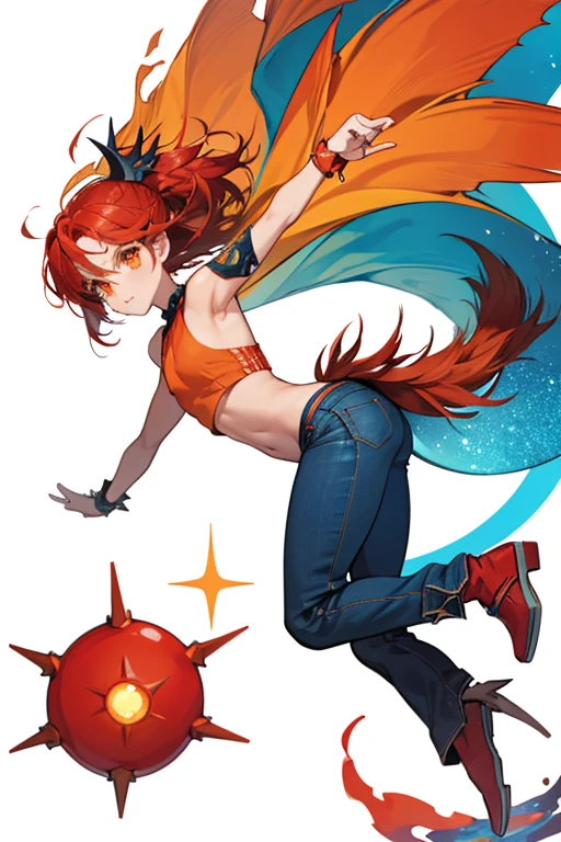 red-orange that lacks a torso. she has spiky fins on head and a tail fin and she wears indigo pants. SPARKLE; GLITTER
