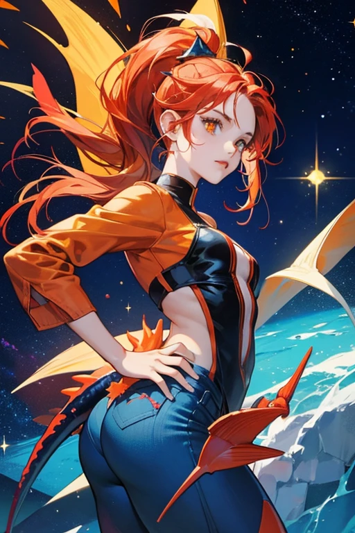 red-orange  that lacks a torso. she has spiky fins on  head and a tail fin and she wears indigo pants. SPARKLE; GLITTER