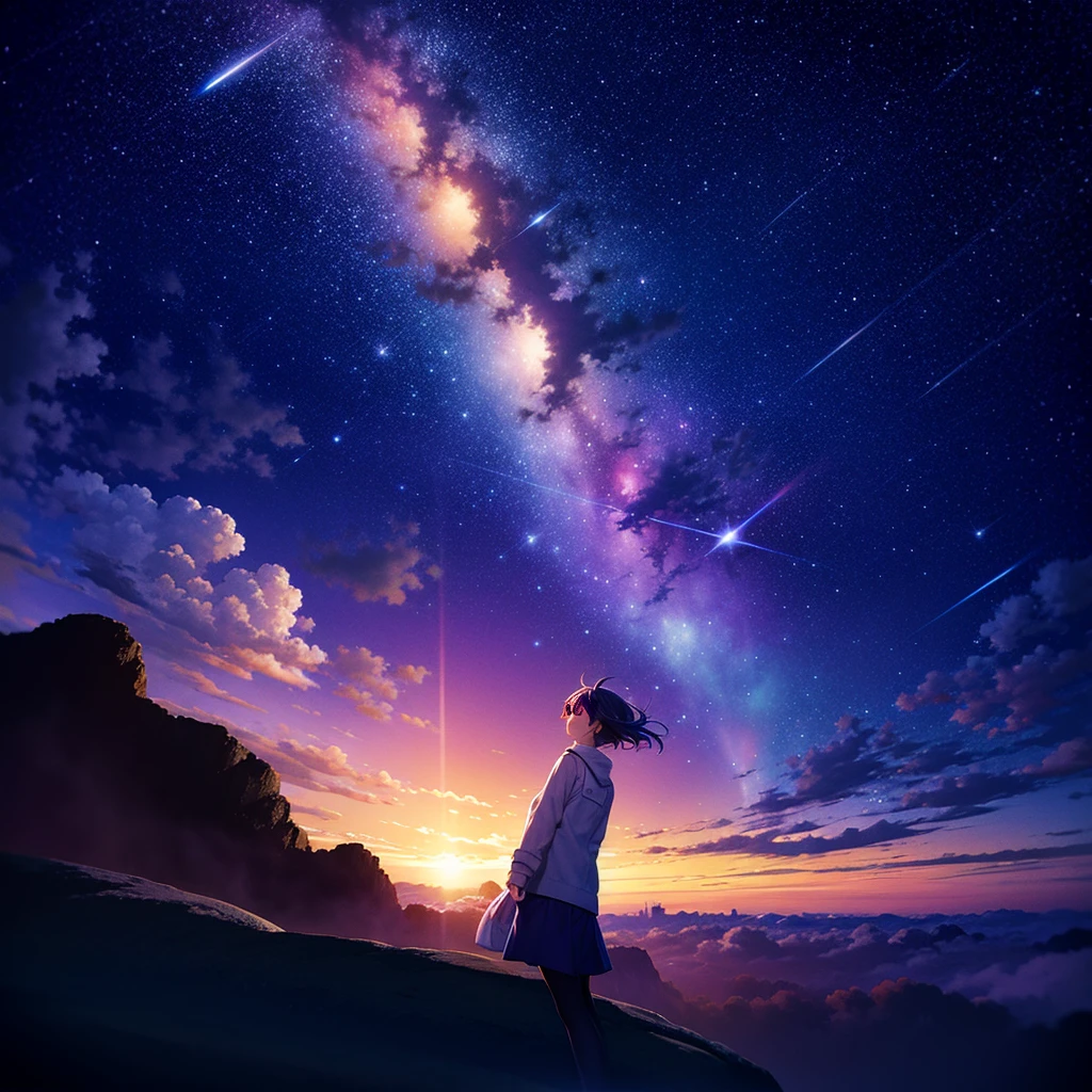 anime wallpapers with a view of the sky and stars, cosmic skies. by makoto shinkai, anime art wallpaper 8k, anime sky, amazing wallpaper,  makoto shinkai cyril rolando, anime background art, ultra detailed sky and galaxy stars, only backgroung, (no people in landscape)